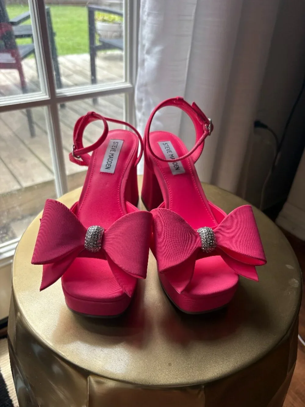 Steve Madden Hot Pink Satin Bow Platform Block Heel Sandals Women's 6.5M